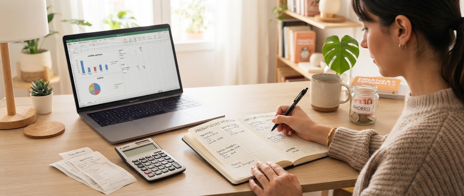 Mujer planificando el presupuesto junto a un ordenador y una calculadora